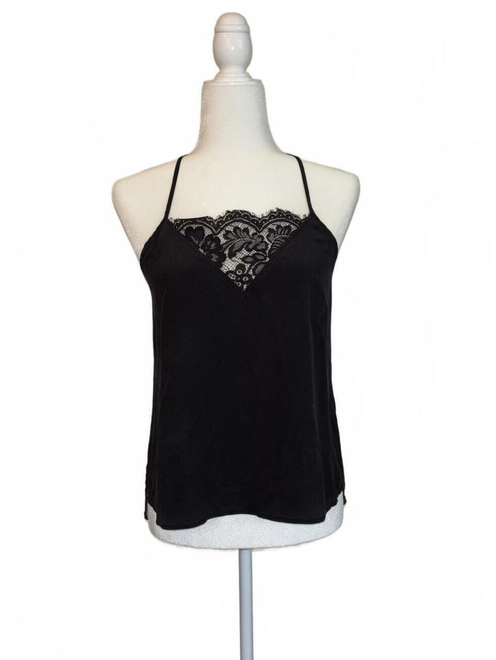 Express Black silk lace cami top with floral lace trim and crisscross straps.